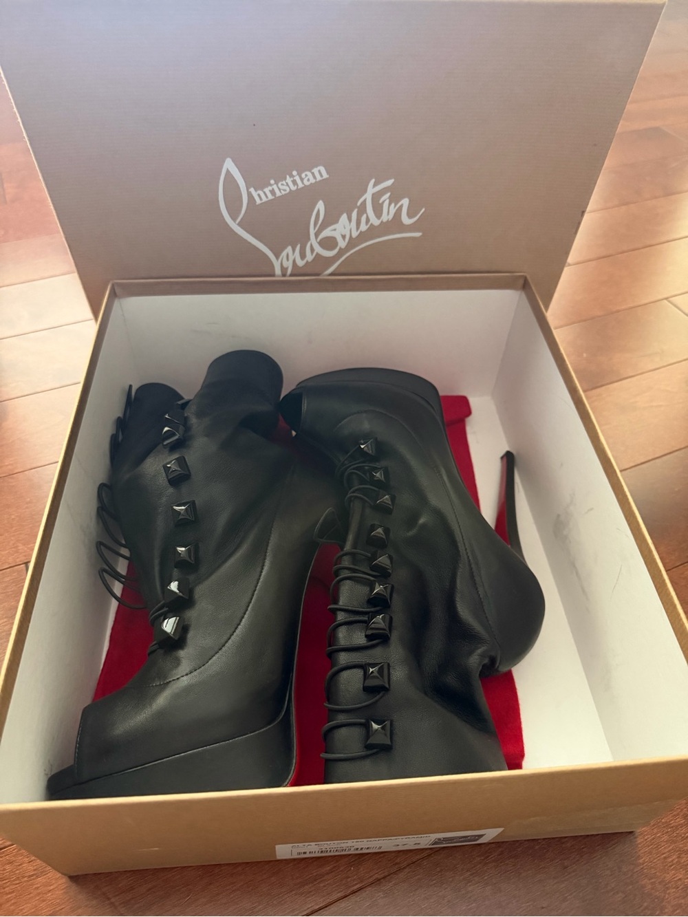 Christian Louboutin Black Leather Lace-Up Peep-Toe Platform Heeled Boots